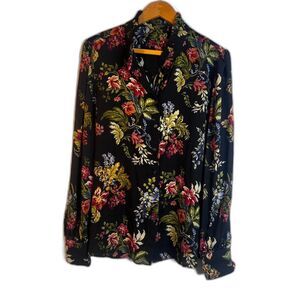 T Tahari Dark Floral Print Ruffled Mock Neck Blouse Semi Sheer Whimsygoth Sz XL